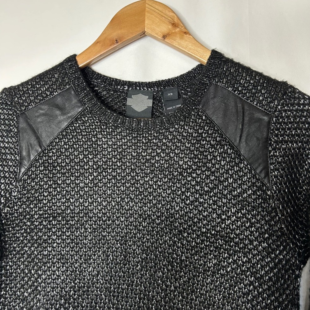 Harley Davidson Sweater Size XS Black Knit Pullover with Leather Moto - Picture 2 of 6